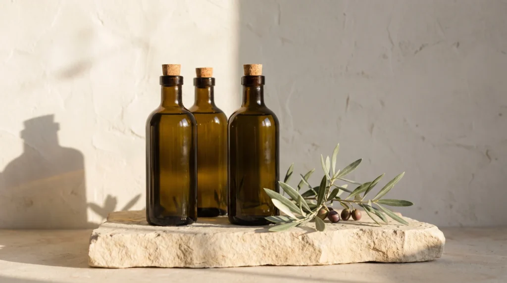 Tres botellas de aceite de oliva sobre piedra