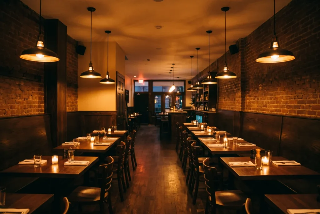 Comedor de restaurante con mesas puestas y lámparas bajas