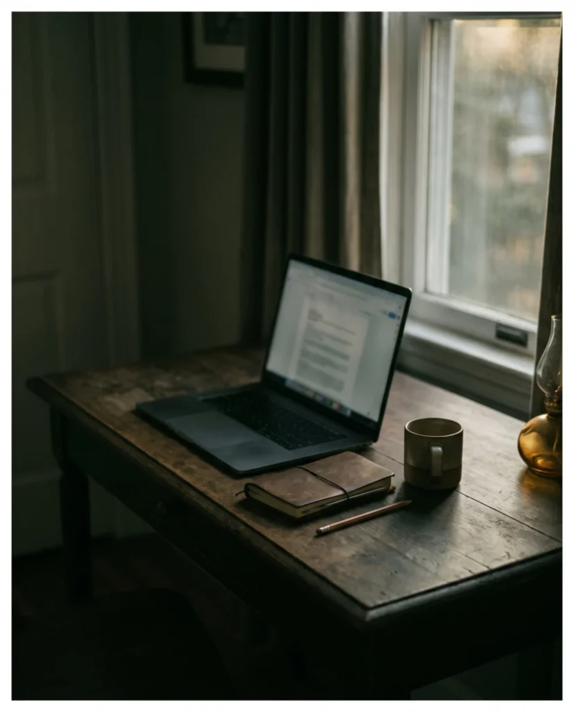 Escritorio con portátil y cuaderno junto a una ventana