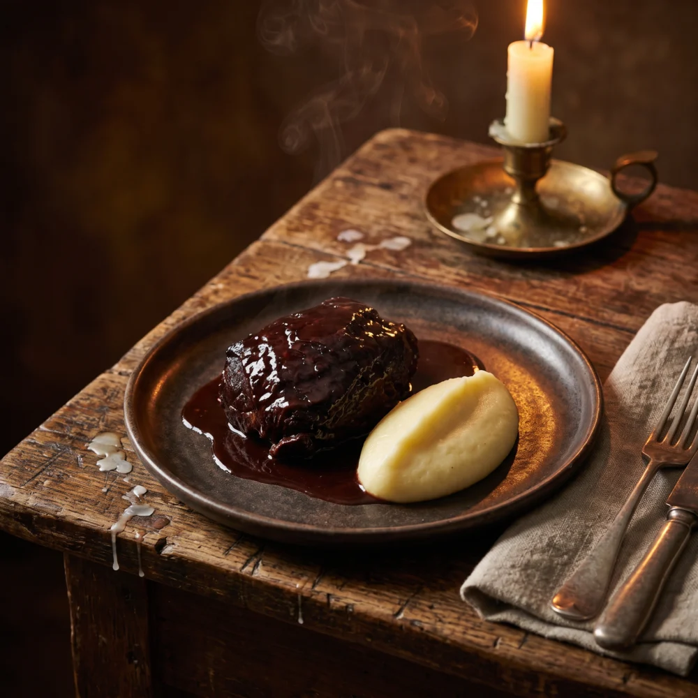 Carrillera de ternera al vino tinto con pur&eacute;