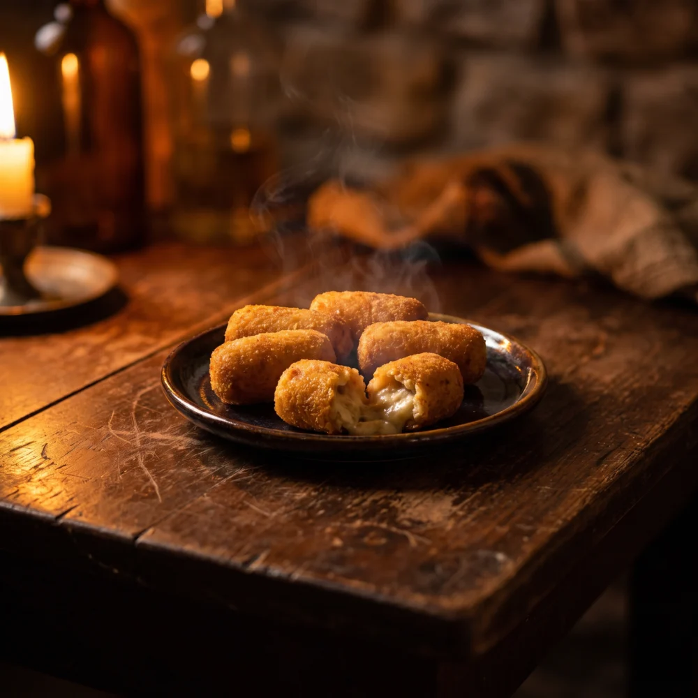 Croquetas de jam&oacute;n ib&eacute;rico servidas en plato blanco