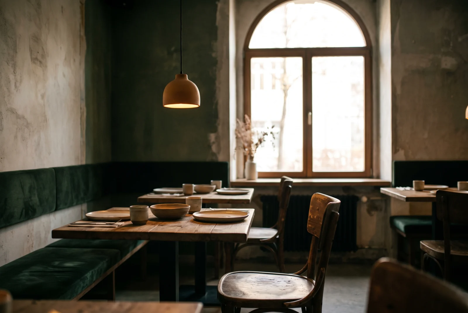 Interior de un restaurante pequeño preparado antes del servicio