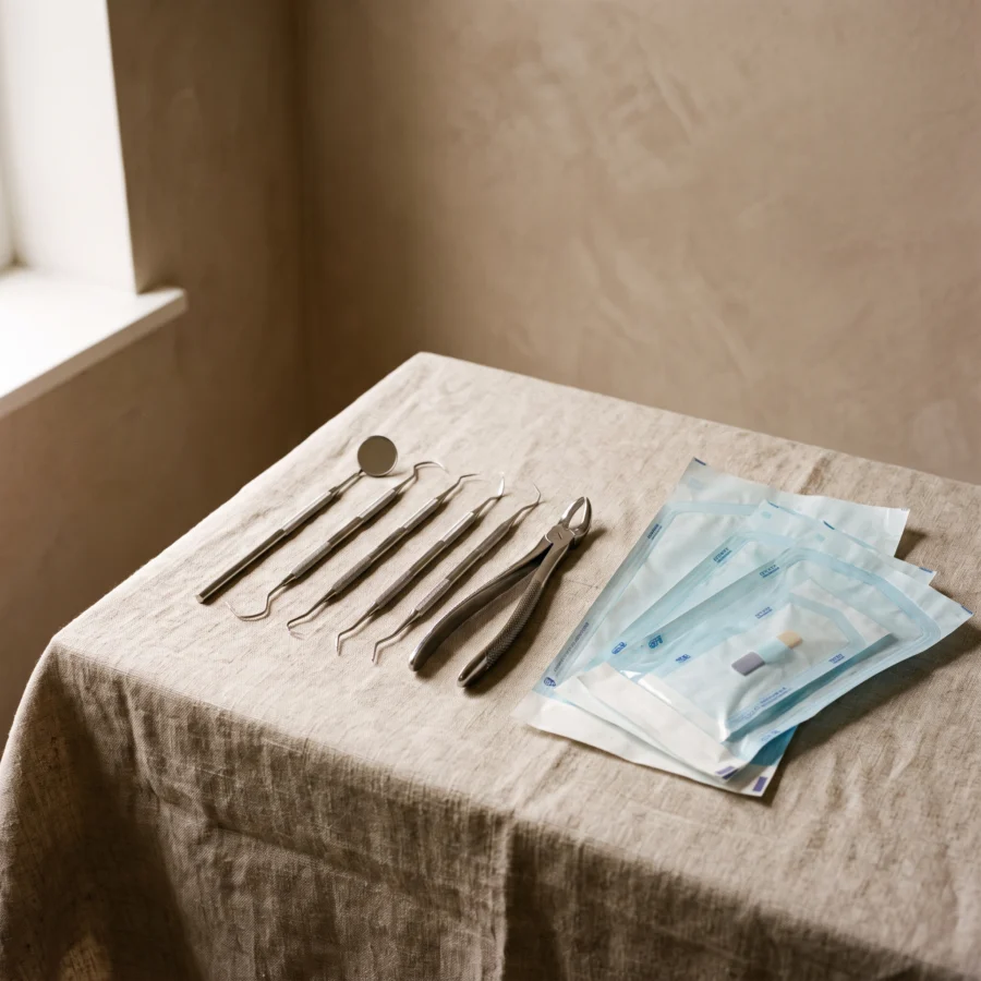Instrumental ordenado junto a bolsas de esterilización