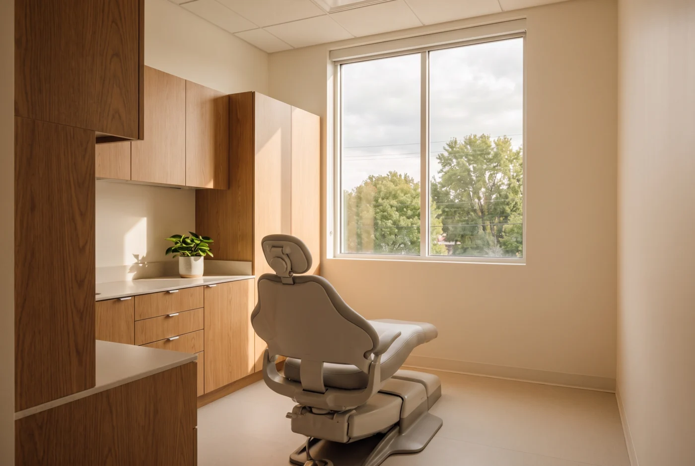 Gabinete dental con sillón gris claro y mobiliario de roble