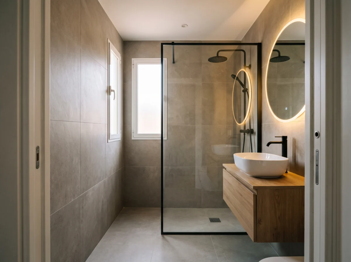 Ba&ntilde;o reformado con ducha de obra y mampara de perfil negro