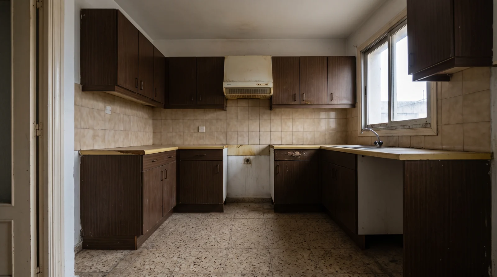 Cocina antigua con muebles de madera oscura y alicatado beige