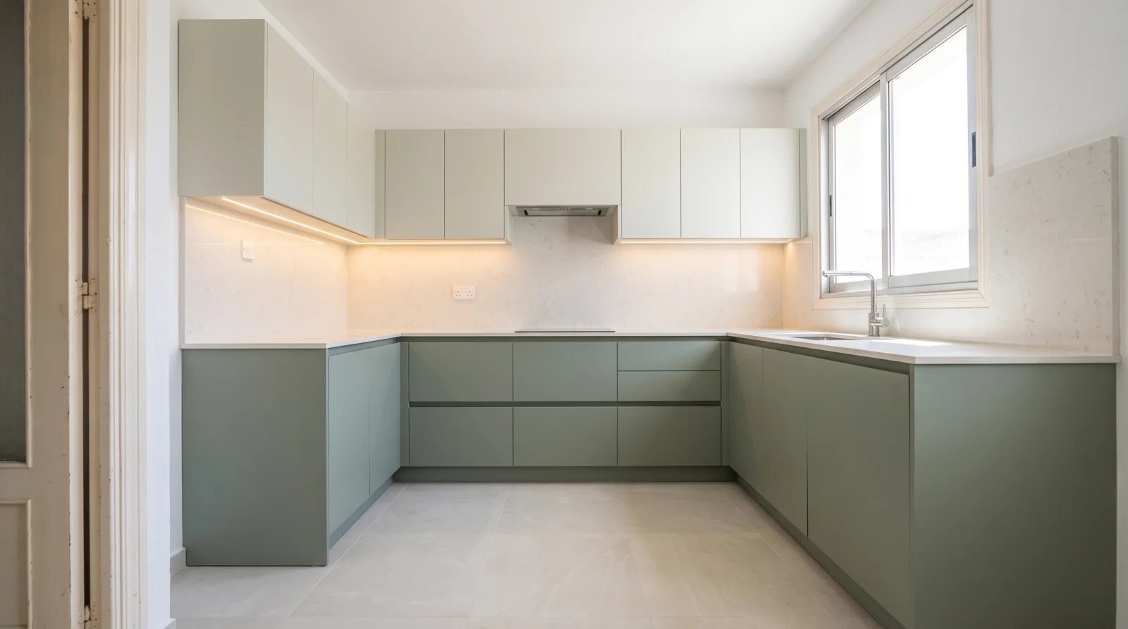 La misma cocina reformada, con frentes verde salvia y encimera clara
