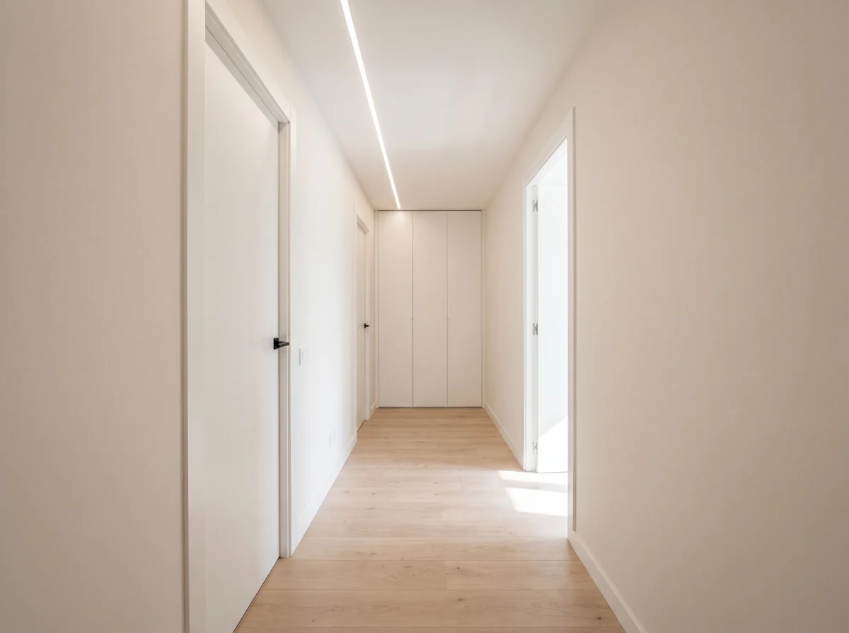 Pasillo reformado con tarima de roble y puertas enrasadas