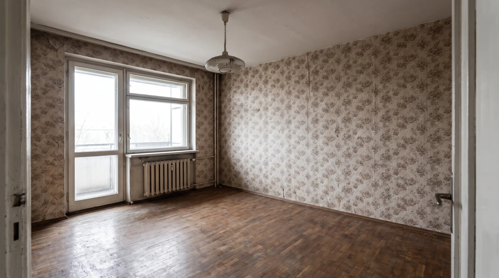 Salón antes de la reforma, con papel pintado despegado y parquet gastado