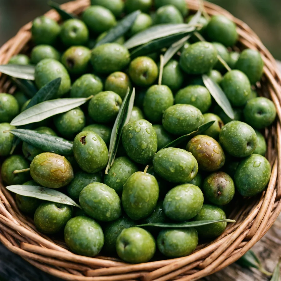 Aceitunas verdes recien recogidas en un cesto